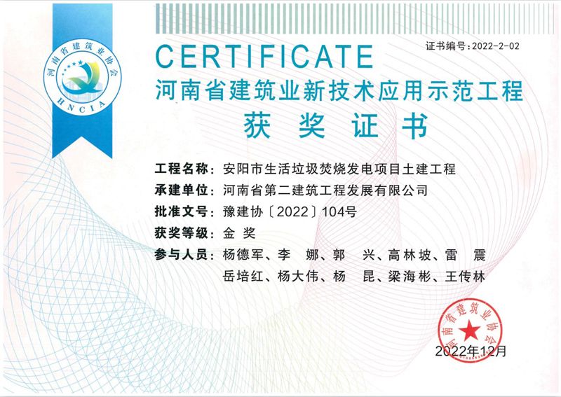 安陽(yáng)垃圾電廠項(xiàng)目榮獲新技術(shù)應(yīng)用示范工程金獎(jiǎng)、綠色施工示范工程優(yōu)良獎(jiǎng)